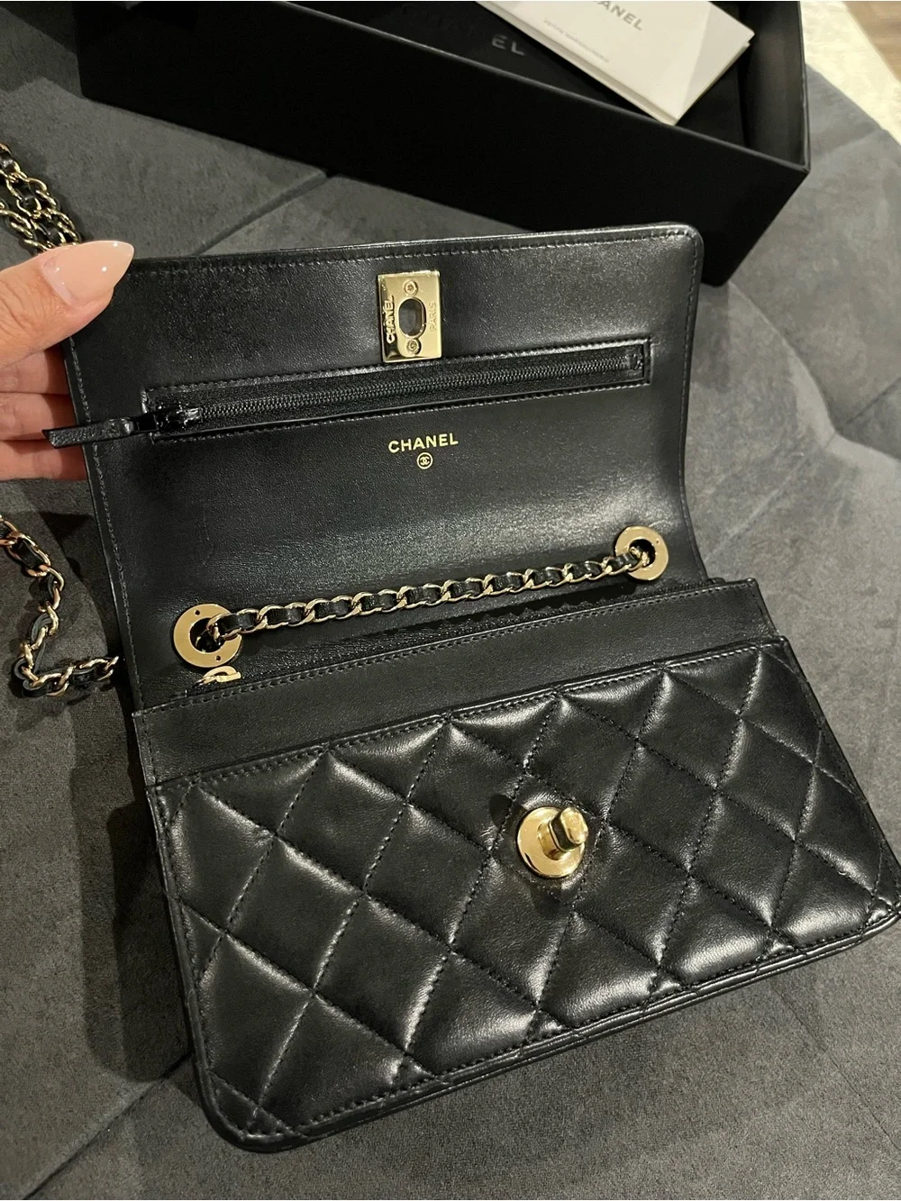 Authentic CHANEL Wallet On Chain with Light Gold Hardware